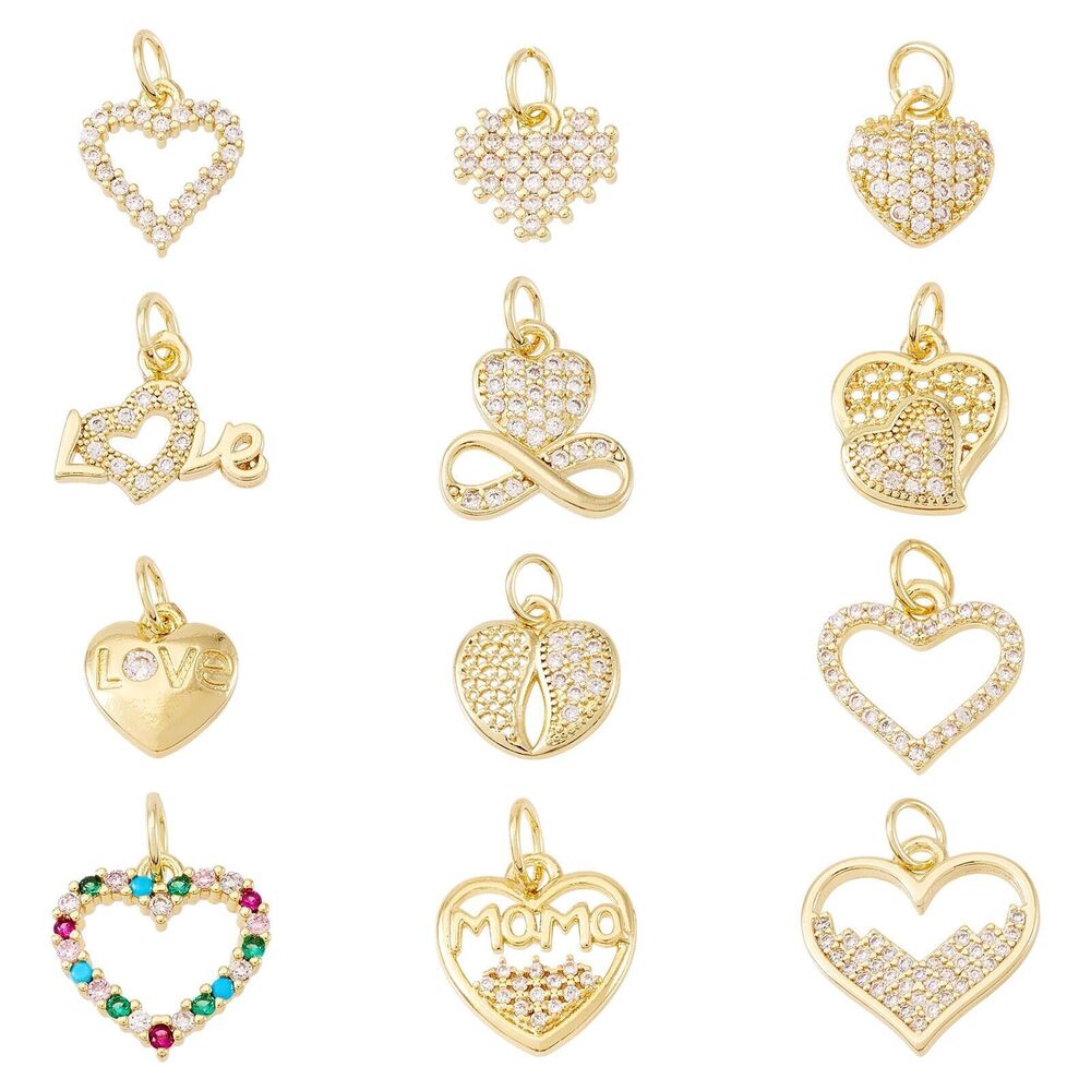 6329 12Pcs Brass 18K Gold Plated Heart Charms Cubic Zirconia Crystal Charms - Picture 1 of 7